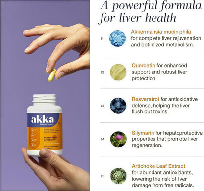 AKKA Akkermansia Probiotic, Liver Cleanse, Detox & Repair, Non-GMO, 60 Caps | Liver health support for energy, digestion & metabolism with akkermansia muciniphila. Gluten-free.